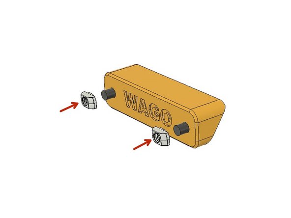 Find the part labelled as WAGO and use M5 2020 Drop-in Nuts and M5 x 10mm Ultra-Low Head screws to prepare the Wago Mount for the assembly.