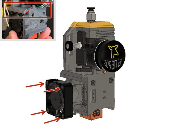 Pass the 40mm Heatbreak Fan cable through the canal and the motor cable behind the bulge and through the canal together with the fan cable. Mount the fan with four M3 x 14 mm Screws.