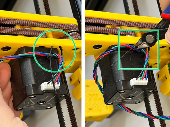 Insert a Zip Tie into the slot on the B BOT part, tighten the zip tie around the motor cable and tighten. Trim the excess zip tie.