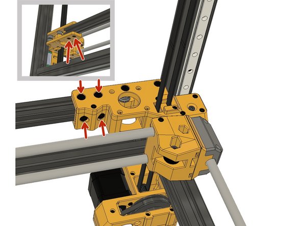 Move the X-Axis back and forth and ensure free movement. Then tighten the six M5 x 10mm screws on the A Carriage.