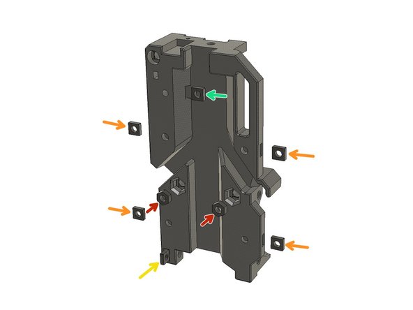 Insert two M3 Hex Nuts in the slots at the back of the Extruder Body. Please use a 25-40 mm M3 screw to push them all the way in by wobbling if necessary.