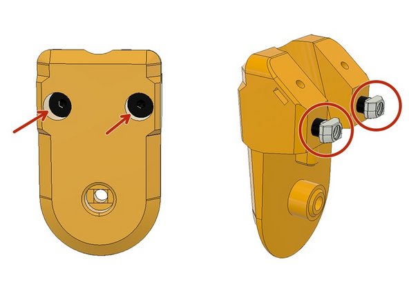 Insert two M5 x 10 mm Screws and screw on the M5 2020 Drop-in T-Nuts Leave 4mm space between the plastic and nut.