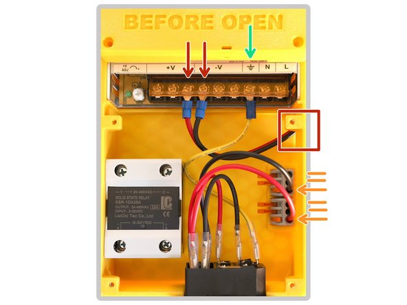 Pass the Octopus Pro controller's 24v power cable through the side hole and connect it to the V+ and V- ports on the PSU. Red cable should be connected to + Red/Black cable should be connected to -
