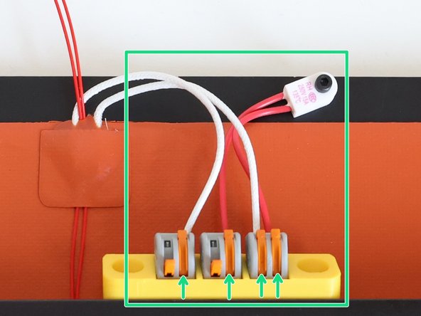 Lift the orange levers on the WAGO Terminals Insert the cables to the holes and lift down the orange levers. Leave the first two left levers open. We will connect the bed mains power to these empty slots.