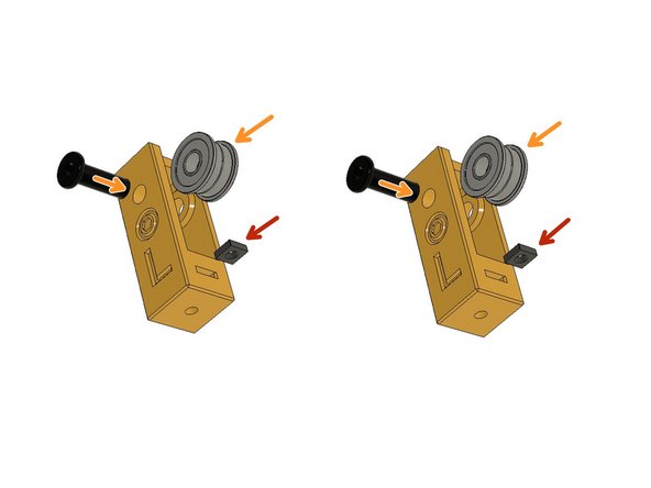 Get these two Y-axis tensioner parts and Push the M3 Square Nuts all the way in. Use a flat-head screwdriver if necessary to push it in. Our tolerances are tight; please also use a plier to insert the square nut if necessary.
