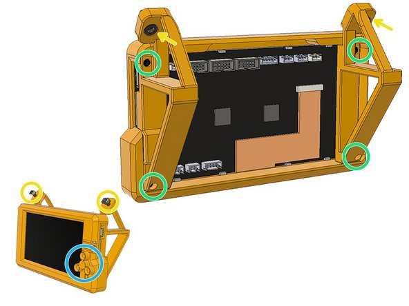 Use four M3 x 20 mm Socket Cap Screws to mount the legs and fix the LCD in the housing.