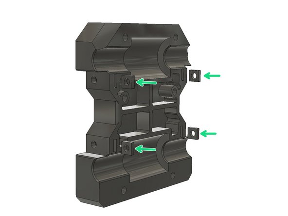 Find the X Carriage Body Part labelled as L and R. Insert four square nuts to their places on top and front.