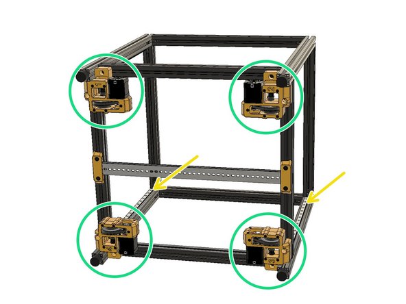 Until this point, the frame didn't have a front or a back orientation. Now you set the orientation of your frame while mounting the Z Motor assemblies. Ensure the rails are facing as seen.