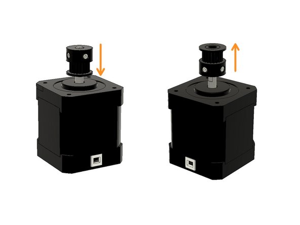 Insert GT2 20T Pulleys as seen in the picture.  The B motor pulley on the left should be upside down. You can temporarily tighten one of the set screws to keep them in place while assembling.