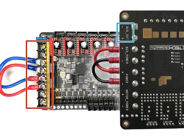 Connect the jumper cables as seen in the pictures. Octopus board needs to get the bed power although it's not going to use it. You are using external mains power with an SSR so this connection is just for the power signal.
