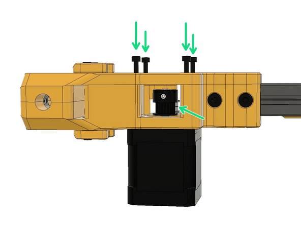 Align the A Motor Pulley with the idler bearing behind, as seen in the picture, and tighten the pulley set screws.