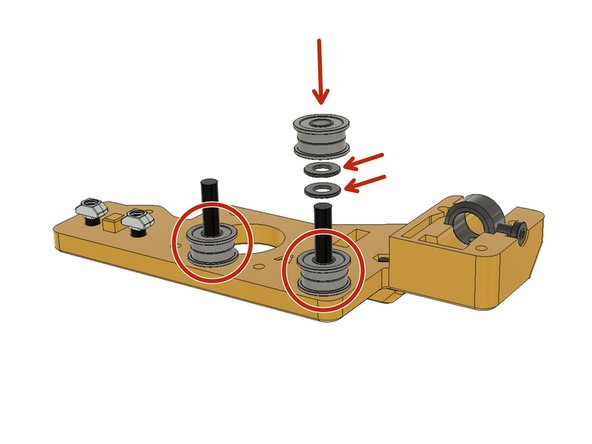 F695zz bearings are used reciprocally to form an idler pulley.  Get six F695zz bearings, first, insert two bearings per screw, and then insert two M5 Washers between and insert the other two bearings.