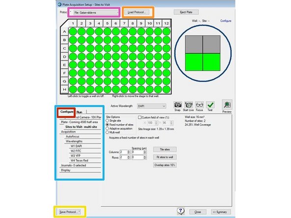 Use the Configure tab to configure a plate acquisition protocol. The Configure tab is organized in a “top-to-bottom” tab structure that runs down the left side to guide you through the process ofsetting up the protocol configuration.