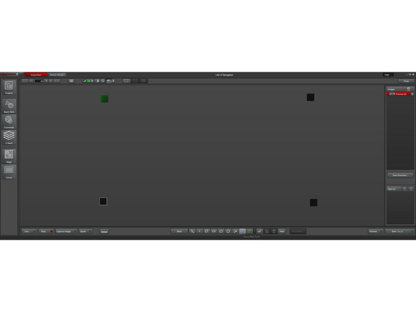 The navigator will be at the position where you have found the highest reflection Z position. To zoom out of the stage you scroll the mouse wheel towards yourself (clockwise), and if you double click a place, the stage will move to that point.  With this you will define. Four imaging points close to the corners of the slide.
