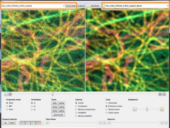 In the drop down menu you can select your raw dataset on the left and your deconvolved dataset on the right for direct comparison of the deconvolution result.