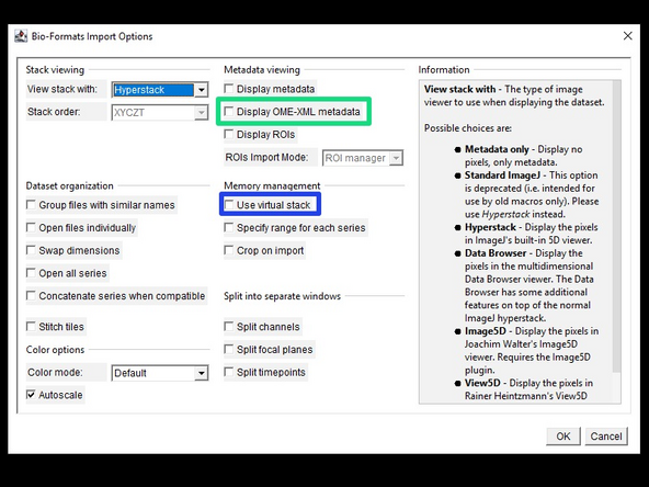 In the Bio-Formats Import Options window, you can adjust different import options (the default is usually fine). Interesting options are: