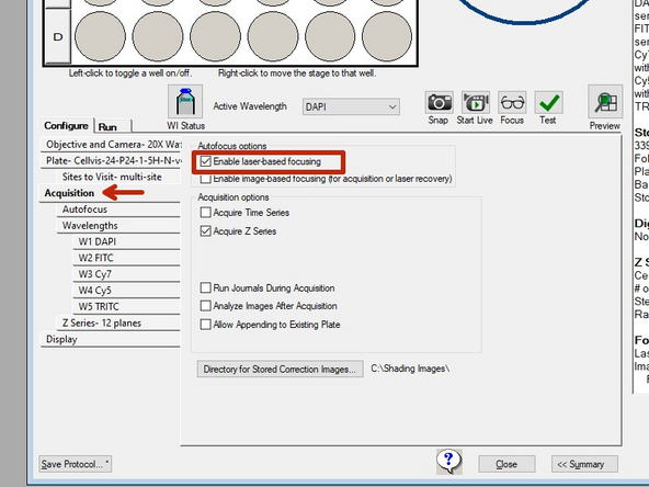 Use the Acquisition tab to specify the autofocus options and additional acquisition options for the protocol.