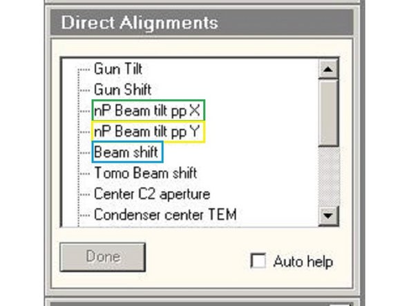 The direct alignements are done on the fluoscreen, insert the screen by pressing R1, on the right microscope control panel.