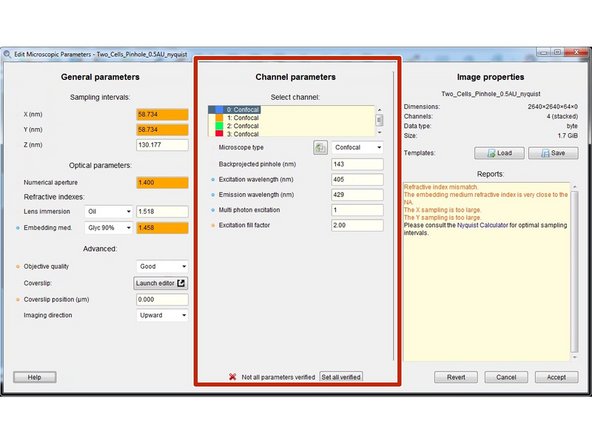 Specify the microscope type as well as the excitation and emission wavelength for each acquired channel.