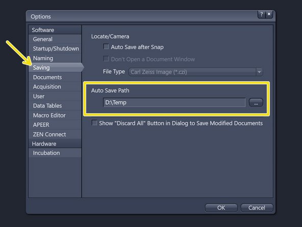 In the "ZEN" software go to Tools/Options.