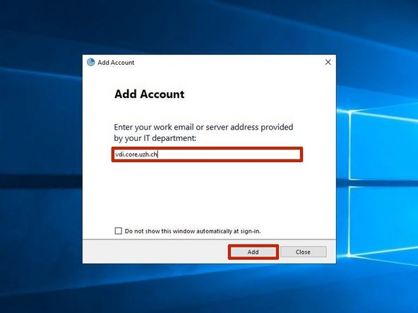 Enter &quot;vdi.core.uzh.ch&quot; as server address and click on &quot;Next&quot;.