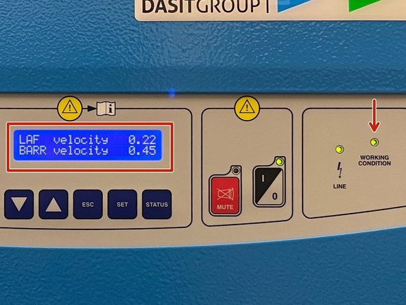 Once the cabinet reaches its target levels, the acoustic alarm will stop, and the screen will display the actual values for laminar flow and exhaust. The green &quot;Working Condition&quot; light will also indicate that the cabinet is ready for operation.