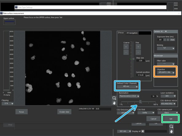 Define the &quot;Defined Color Channels&quot; (e.g. 405 nm) and adapt laser intensity accordingly.