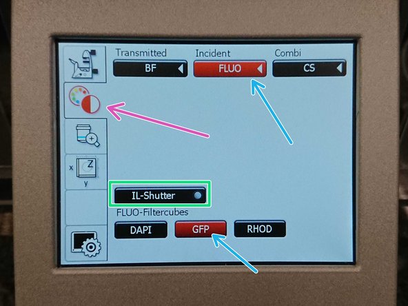 On the touch screen at the microscope stand choose the light path tab.