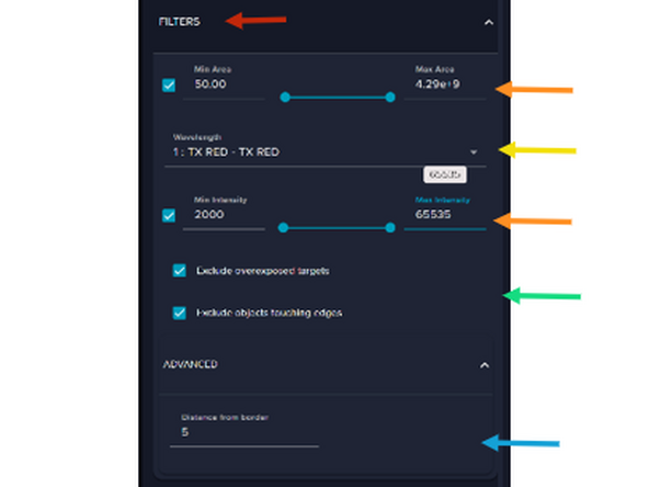Under Filter in the Analysis Settings, the segmented objects need to be further defined.