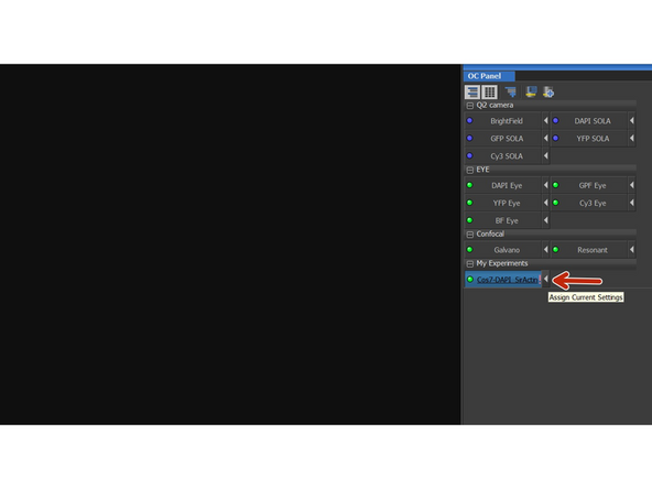To save the acquisition parameters, click on the arrow at your OC.