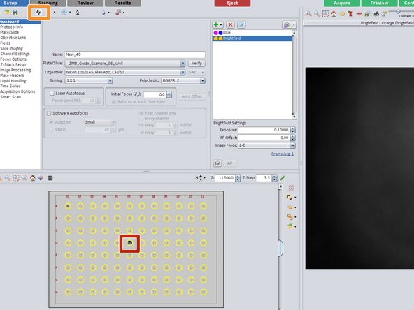 Click into the center of a well for moving the stage and for positioning the well plate.