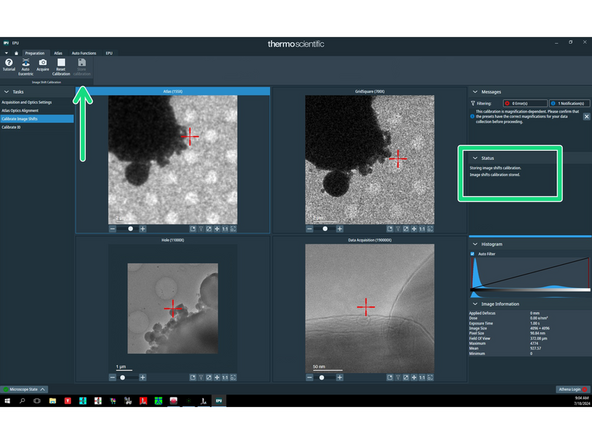 Identify the same feature in every image and double click on it. Please note that Hole/Eucentric height and Data acquisition images are 180 deg rotated with respect to Atlas and Grid square images.
