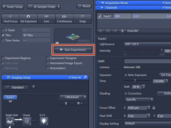 Click &quot;Start Experiment&quot; when satisfied with selected region and focus.