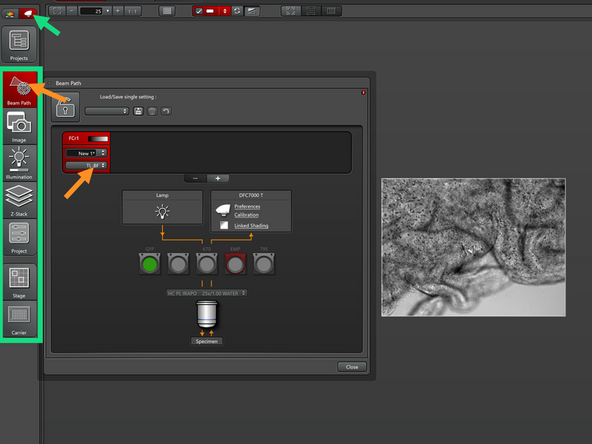 If you have the camera (widefield) option activated, you will see some widefield-specific tabs on the left.