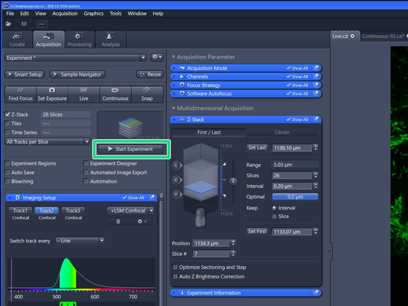 Click "Start Experiment" for acquiring the defined "Z-stack".