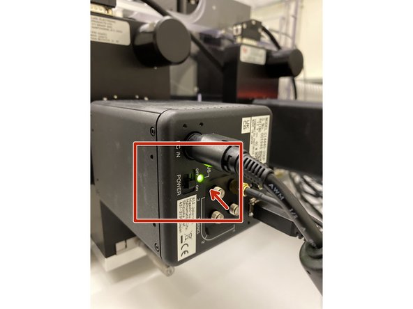 Soon all components, except for the microscope controller, will be plugged to a main power outlet. You should check that the following are as indicated: