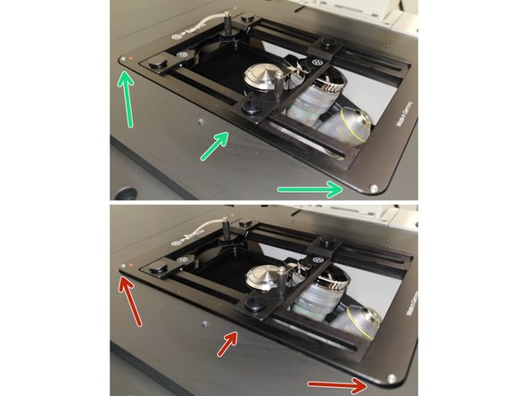 Push the condenser arm of the microscope to the back and, if necessary install a different stage insert.