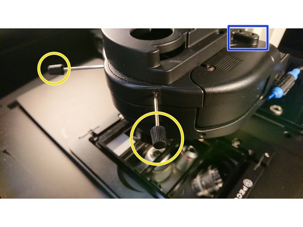 Focus the Condensor by moving it up or down with the wheel in the microscope box until the shadow is focussed.