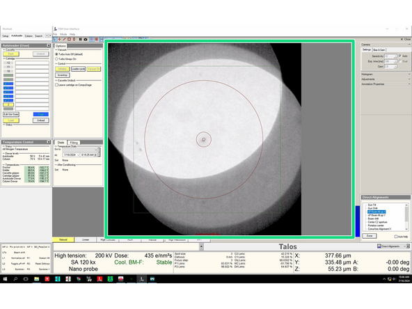The beam will start oscillating. If the pivot points are off you will see two circular beams with little or no overlap (see the image). By turning the 'Multifunction X' knob minimize the movement until you see a single beam.