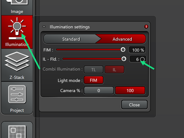 Make sure that in the "Illumination" tab the field aperture "IL-Fld" is at 6. If smaller, the dark shadows grow bigger. However, with a Port Magnification of 0.35, there is always a little shadow.