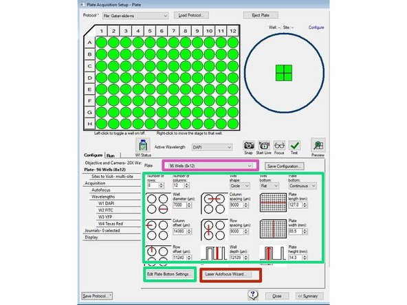 Use the Plate tab to configure the plate dimensions to accurately control the X, Y, and Z movements of the system. The plate dimensions you define also ensure that laser-based autofocusing is as accurate as possible.