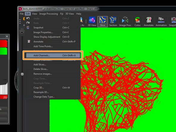 To combine the converted raw data and the converted Ilastik probabilities as individual channels in a single file for further processing, go to &quot;Edit/Add Channels&quot;.
