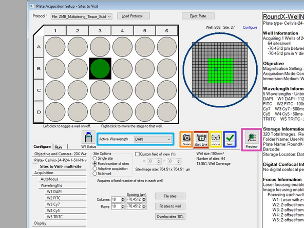 Each shortcut icon performs the action at the well where the stage is currently located and in the wavelength that currently displays in the Active Wavelength field.
