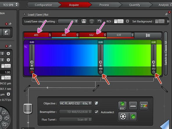 Add lasers in the beam path by clicking on the necessary lasers (if added: displayed red).