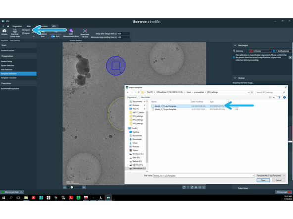 Click on 'Import' and select your template of choice. Make sure to place the autofocus area on the carbon between the holes. Autofocus recurrence should be set to 'After centering'. Don't forget to specify the defocus list values that will be used for data collection (will show up after clicking on the green circle).