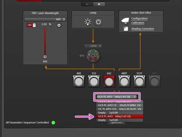 Select the 160x/1.43 objective in the &quot;LAS X&quot; software.