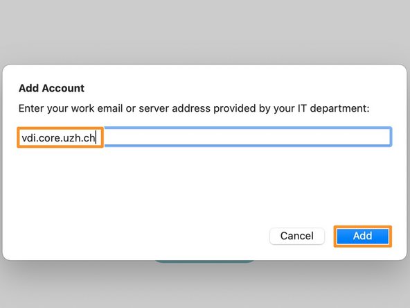 Enter &quot;vdi.core.uzh.ch&quot; as server address and click on &quot;Next&quot;.