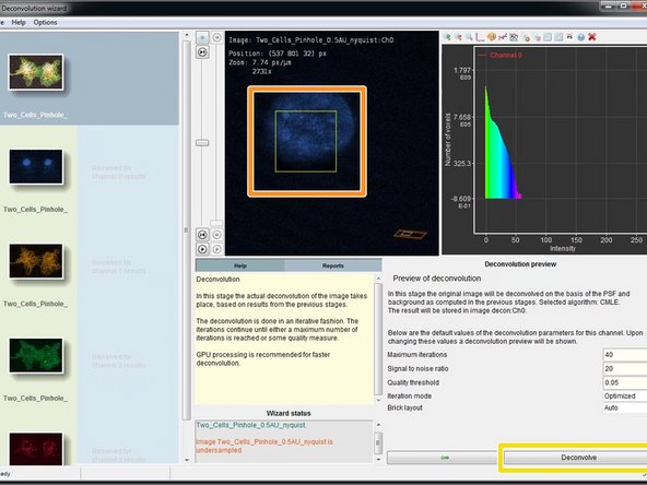 In the image window you can see now a yellow box which previews the result of the deconvolution. If you are not happy or start seeing artifacts, you might need to adjust the deconvolution parameters such as the SNR.