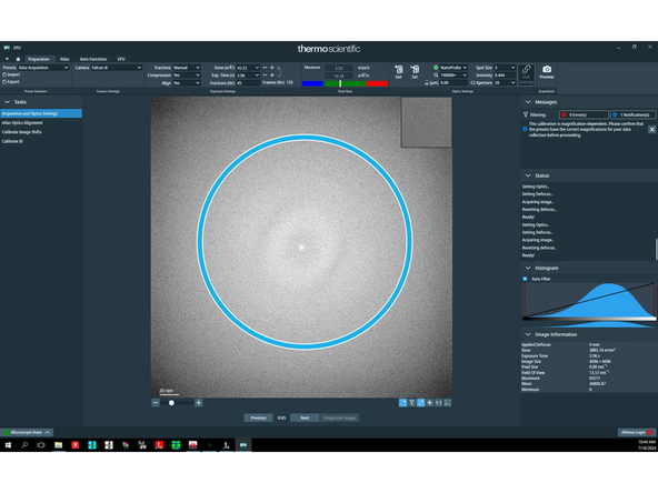 This image, in contrast, is in focus. In order to achieve this, you might need to change defocus by turning the 'Focus' knob on the handpanel and clicking 'Acquire' in order to compare the FFT with the previous one.