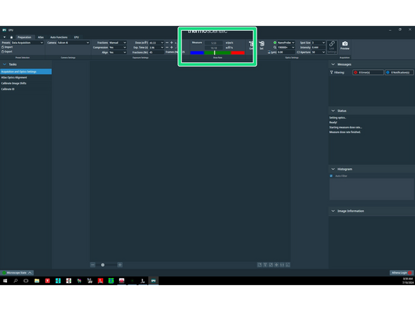 After a moment, the current electron dose in e/pix/s will show up. Make sure you stay in the green range. The optimal dose is between 5 and 10 e/pix/s.